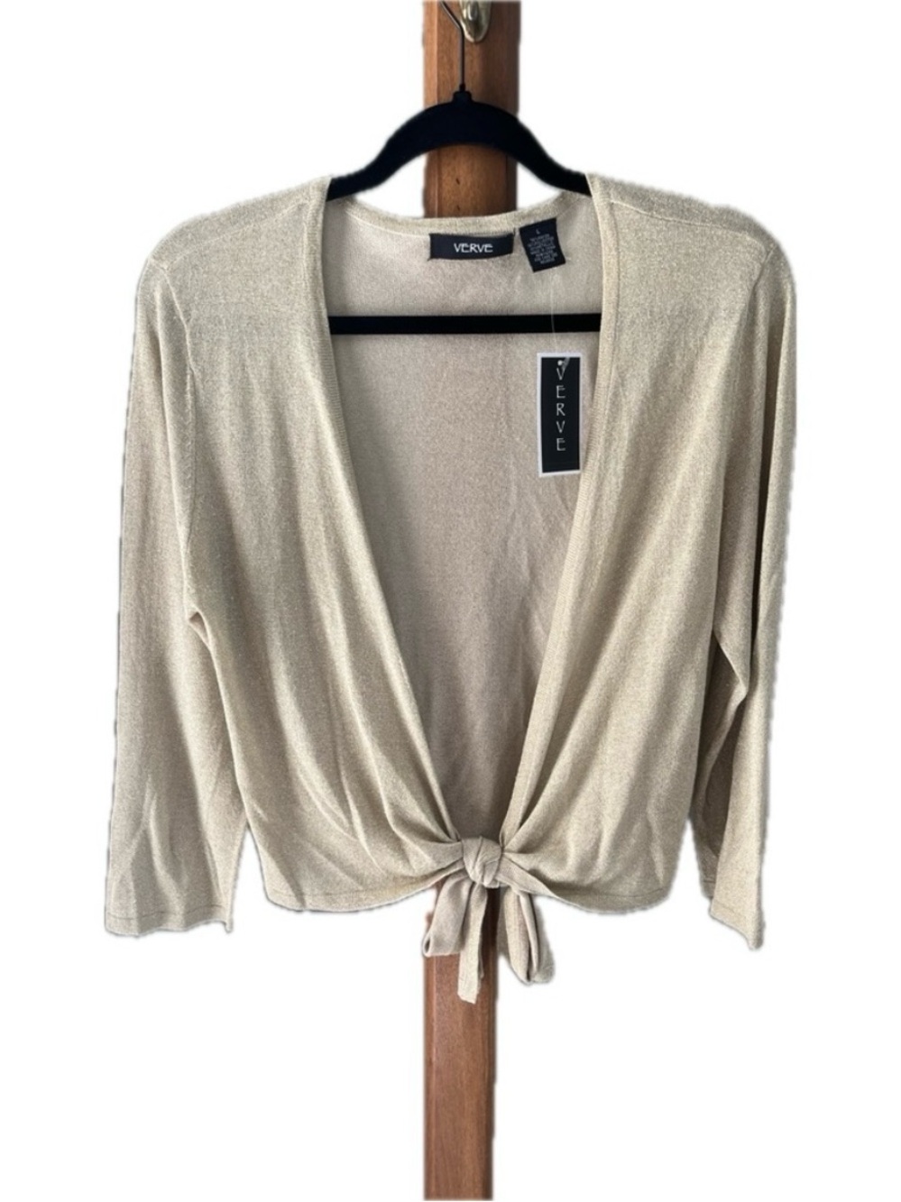 Verve Ami Beige Metallic Tie-Front Cardigan